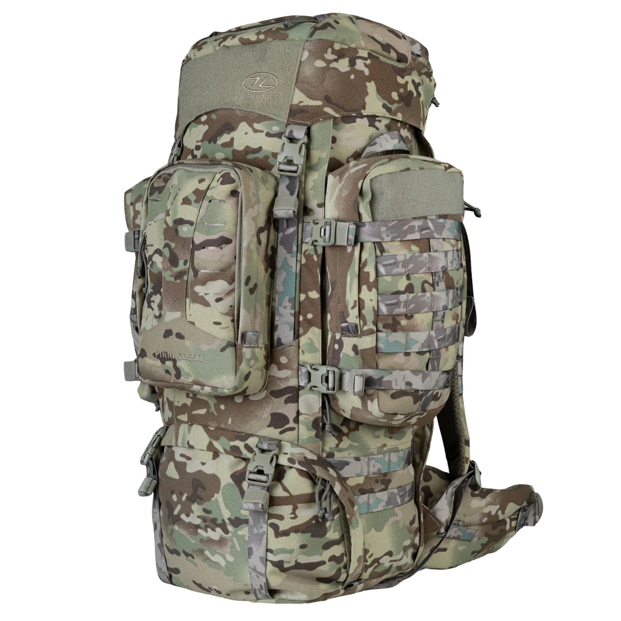 Highlander Pinnacle Rucksack 90L in HMTC Camo front on white background
