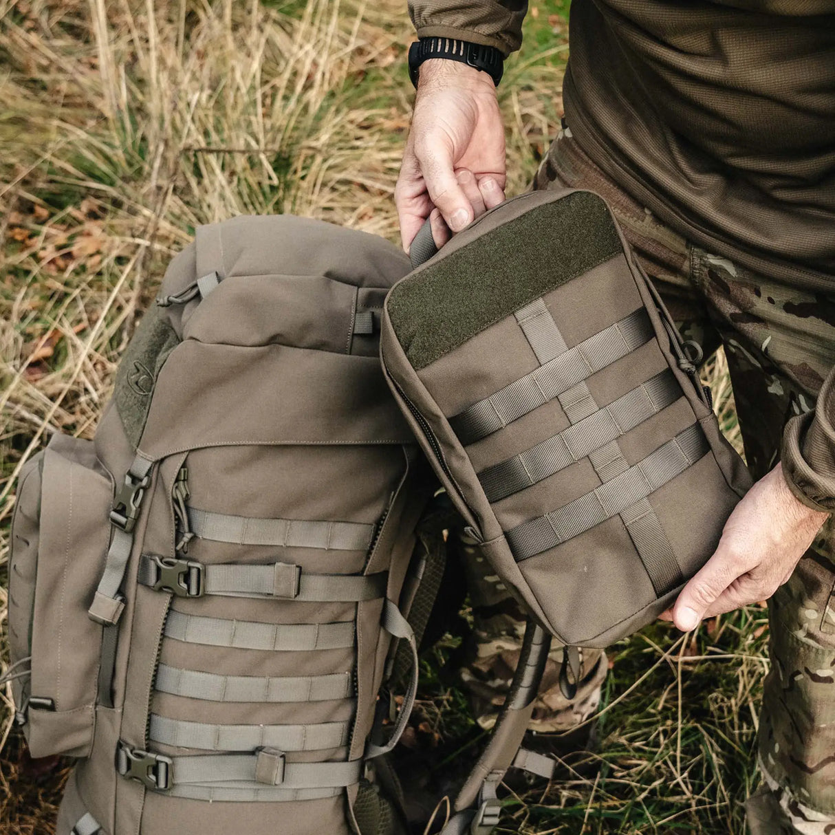 Highlander Pinnacle Rucksack 90L in ranger green in the outdoors