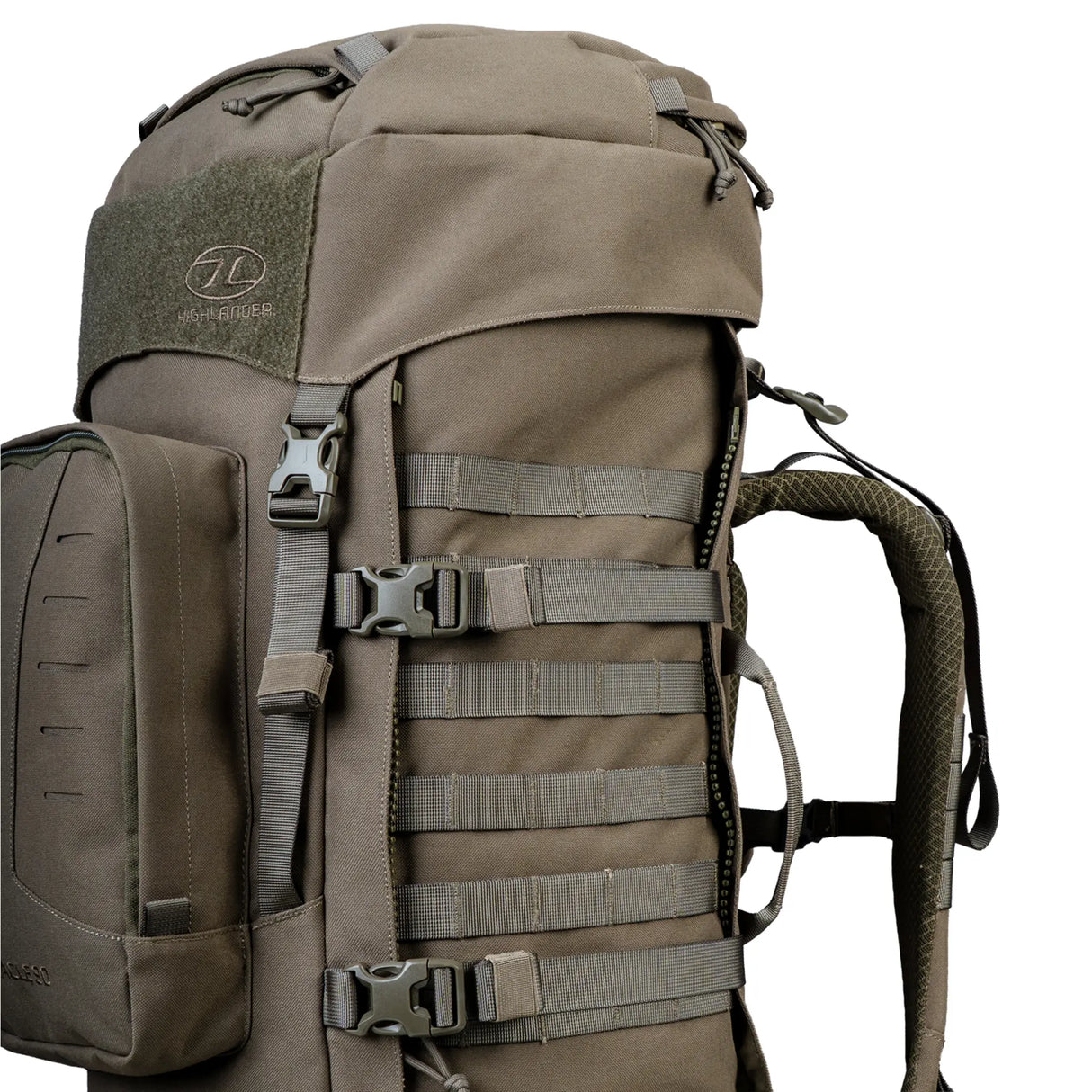 Highlander Pinnacle Rucksack 90L in ranger green side molle on white background