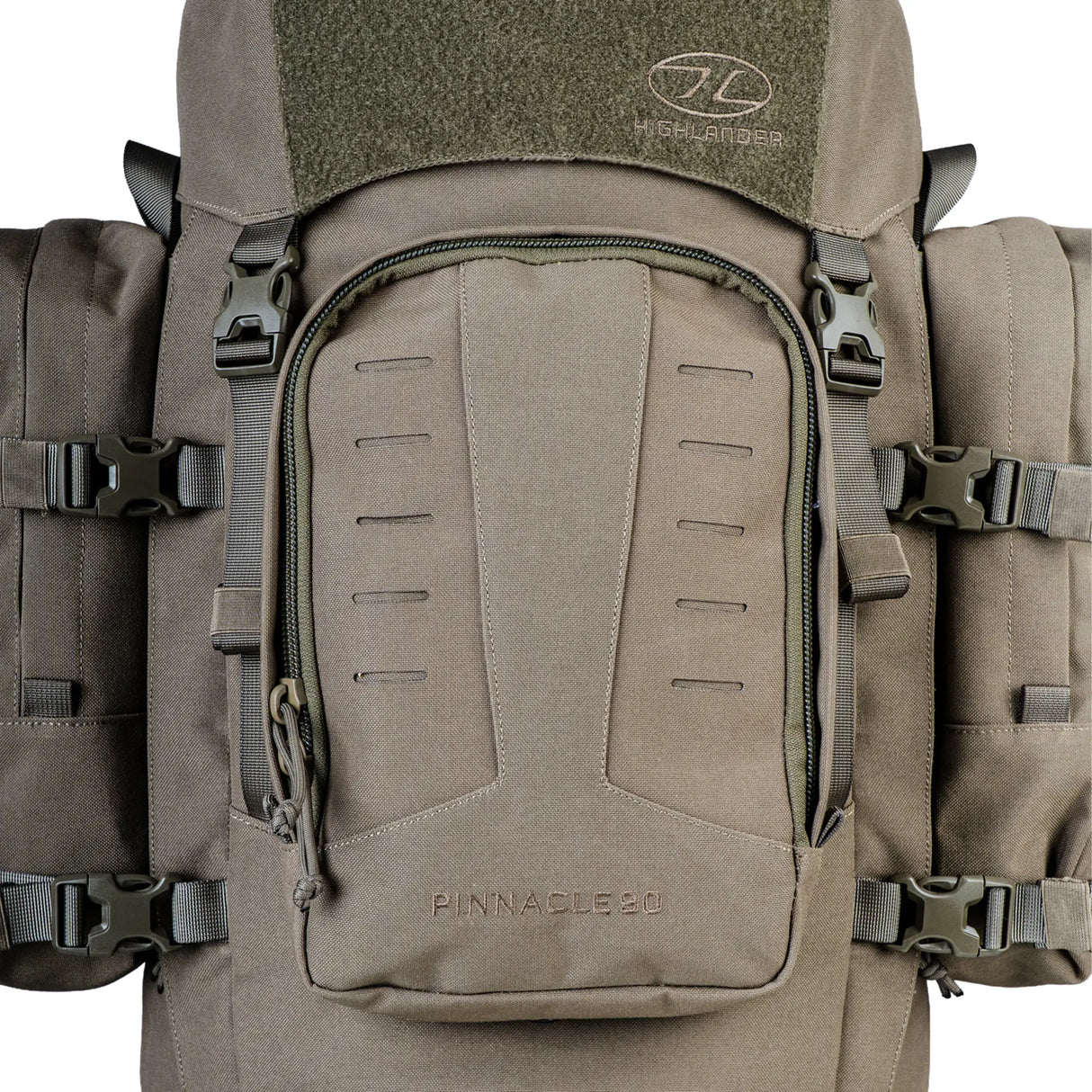 Highlander Pinnacle Rucksack 90L in ranger green front pocket on white background