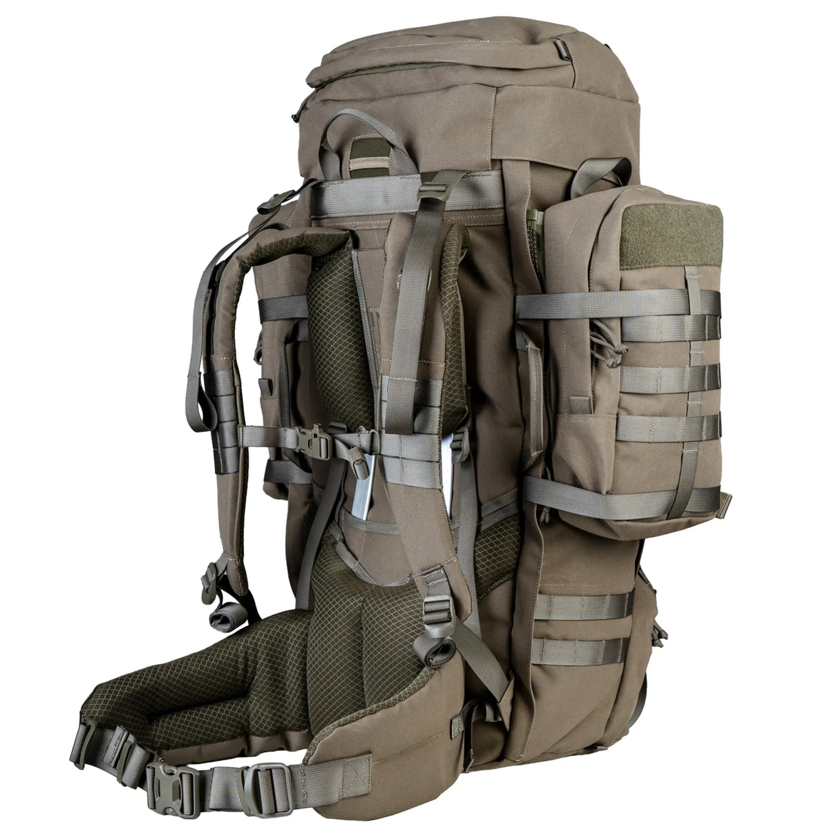 Highlander Pinnacle Rucksack 90L in ranger green back on white background