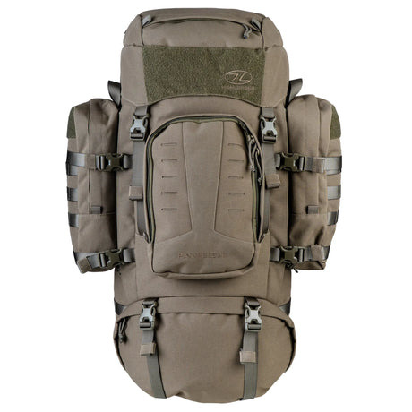 Highlander Pinnacle Rucksack 90L in Ranger Green - front view with both side pouches fitted