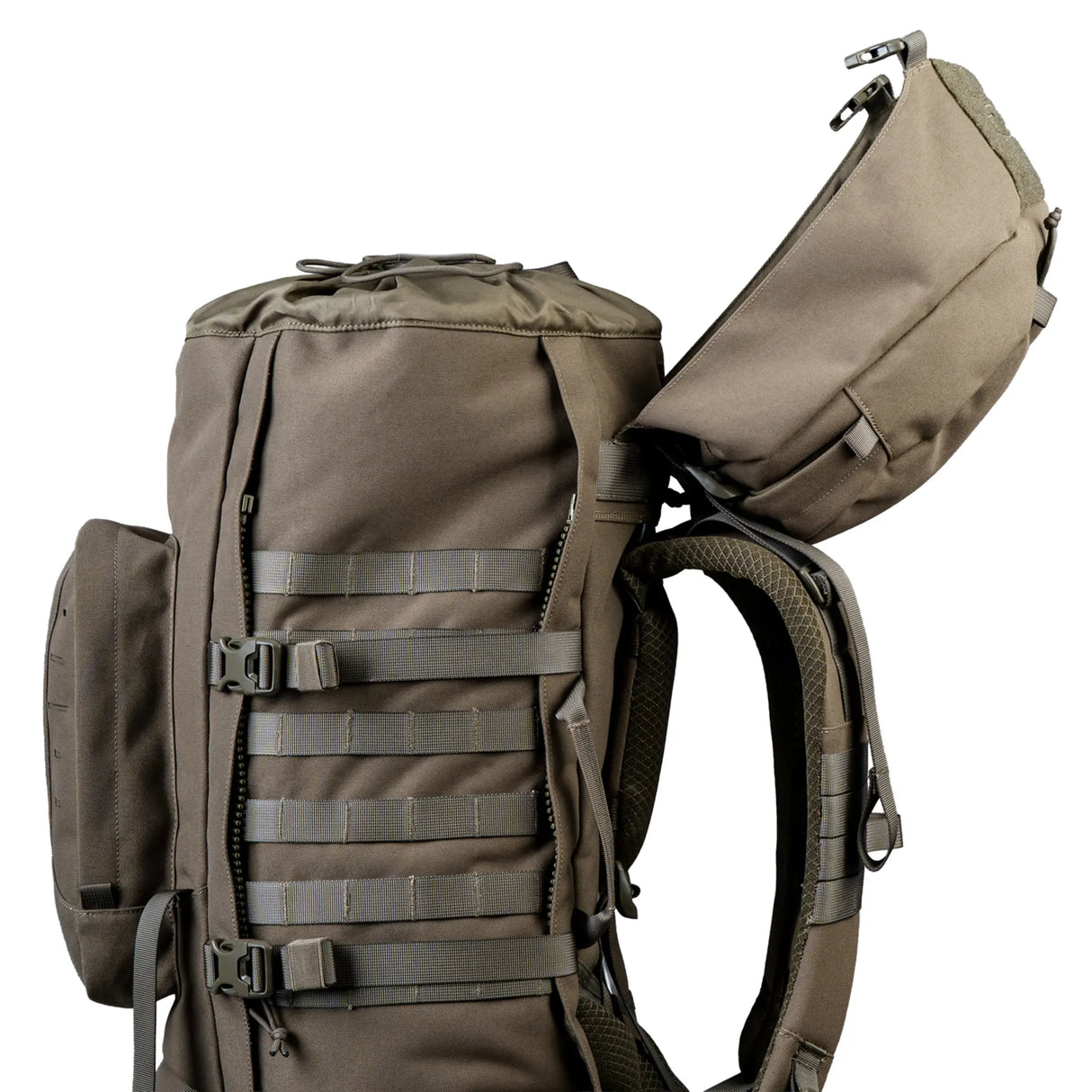 Highlander Pinnacle Rucksack 90L in ranger green lid on white background