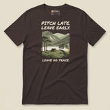 Pitch Late Leave Early T-Shirt in Brown, laid flat, front view