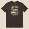 Pitch Late Leave Early T-Shirt in Brown, laid flat, front view