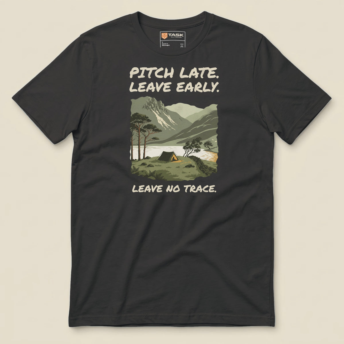 Pitch Late Leave Early T-Shirt in Dark Grey, laid flat, front view
