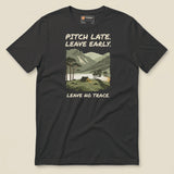 Pitch Late Leave Early T-Shirt in Dark Grey, laid flat, front view