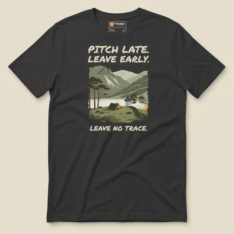 Pitch Late Leave Early T-Shirt in Dark Grey, laid flat, front view