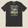 Pitch Late Leave Early T-Shirt in Dark Grey, laid flat, front view