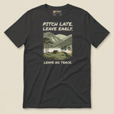 Pitch Late Leave Early T-Shirt in Dark Grey Heather, laid flat, front view