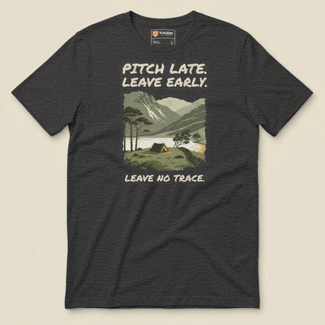 Pitch Late Leave Early T-Shirt in Dark Grey Heather, laid flat, front view