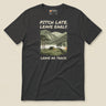 Pitch Late Leave Early T-Shirt in Dark Grey Heather, laid flat, front view