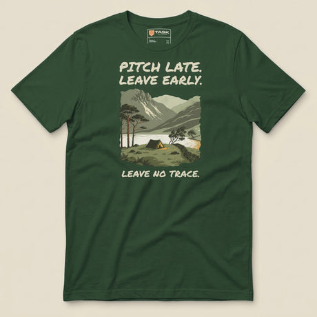 Pitch Late Leave Early T-Shirt in Forest, laid flat, front view