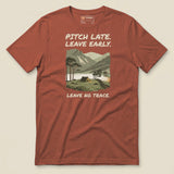 Pitch Late Leave Early T-Shirt in Heather Clay, laid flat, front view