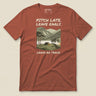 Pitch Late Leave Early T-Shirt in Heather Clay, laid flat, front view