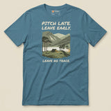 Pitch Late Leave Early T-Shirt in Heather Deep Teal, laid flat, front view