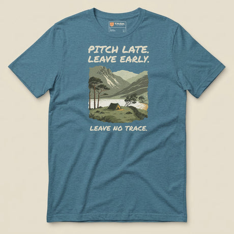 Pitch Late Leave Early T-Shirt in Heather Deep Teal, laid flat, front view
