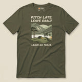 Pitch Late Leave Early T-Shirt in Military Green, laid flat, front view