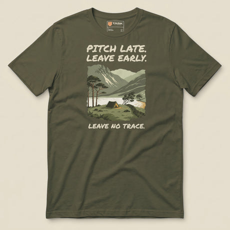 Pitch Late Leave Early T-Shirt in Military Green, laid flat, front view