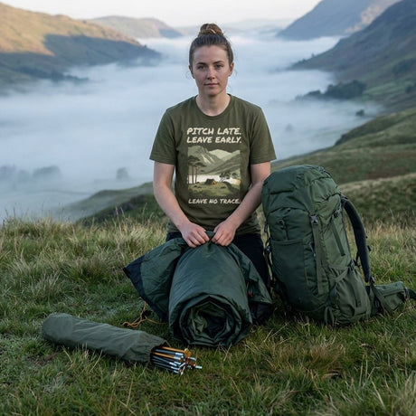 Woman rolling up her tent at first light on a misty Lake District fellside, wearing the Pitch Late Leave Early T-Shirt in Military Green