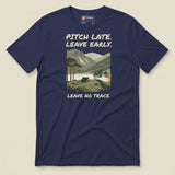Pitch Late Leave Early T-Shirt in Navy, laid flat, front view