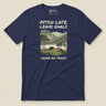 Pitch Late Leave Early T-Shirt in Navy, laid flat, front view