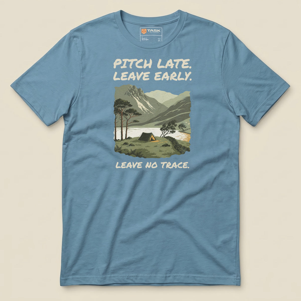 Pitch Late Leave Early T-Shirt in Steel Blue, laid flat, front view