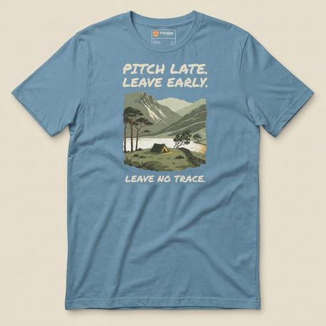 Pitch Late Leave Early T-Shirt in Steel Blue, laid flat, front view
