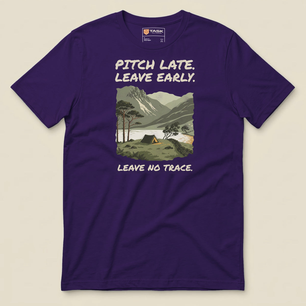Pitch Late Leave Early T-Shirt in Team Purple, laid flat, front view