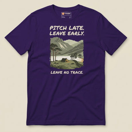 Pitch Late Leave Early T-Shirt in Team Purple, laid flat, front view