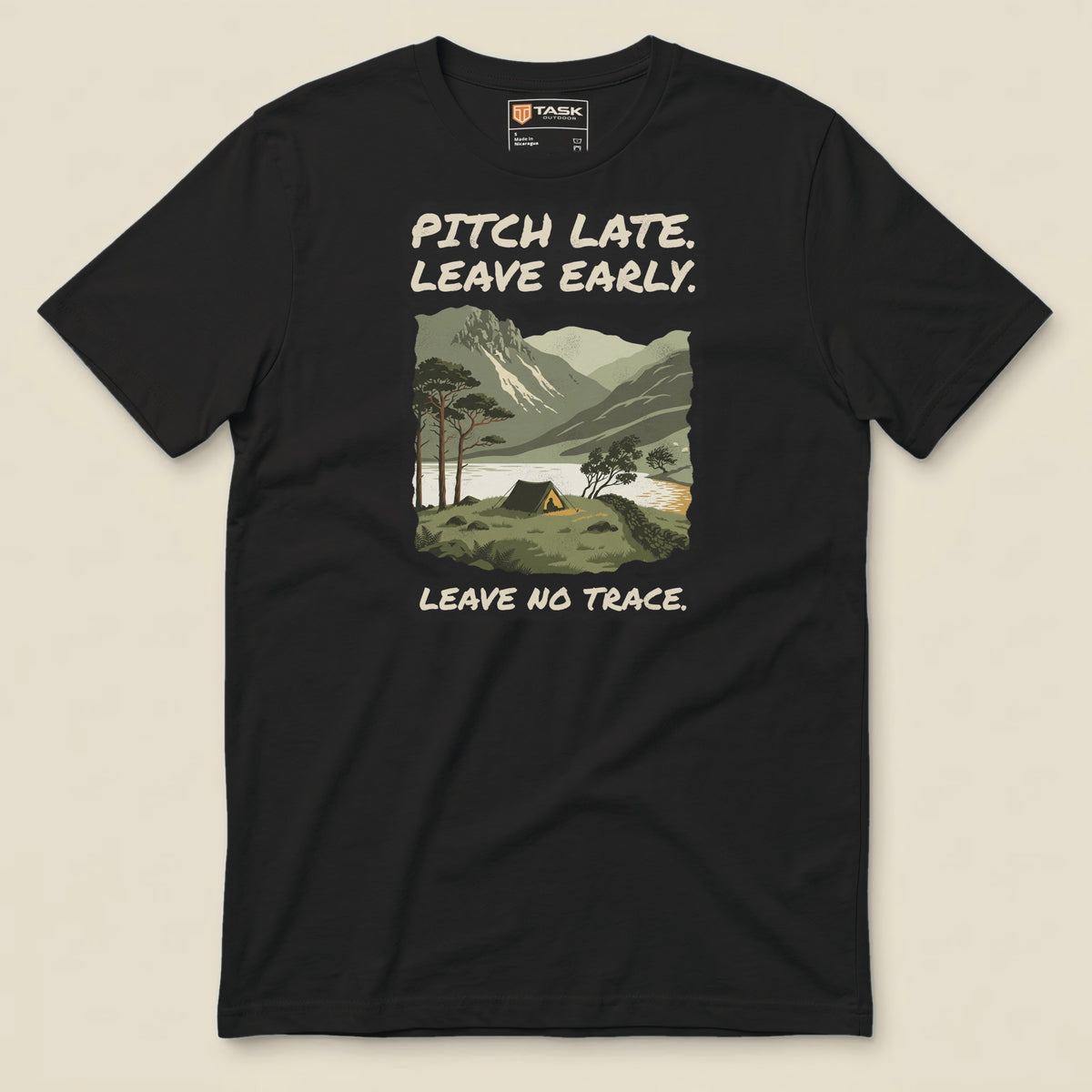 Pitch Late Leave Early T-Shirt in Vintage Black, laid flat, front view with the printed neck label