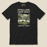 Pitch Late Leave Early T-Shirt in Vintage Black, laid flat, front view with the printed neck label