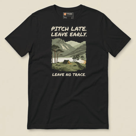 Pitch Late Leave Early T-Shirt in Vintage Black, laid flat, front view with the printed neck label