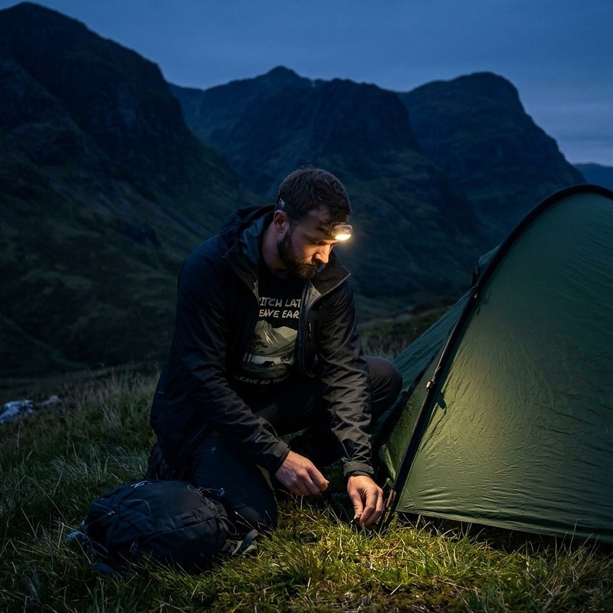 Wild camper with a head torch pushing in the last tent peg at dusk in the Scottish Highlands, wearing the Pitch Late Leave Early T-Shirt in Vintage Black