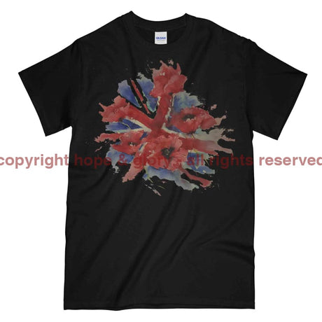 Poppies On Union Flag Watercolour Printed T-Shirt - Black