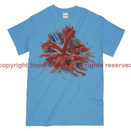 Poppies On Union Flag Watercolour Printed T-Shirt - Carolina Blue