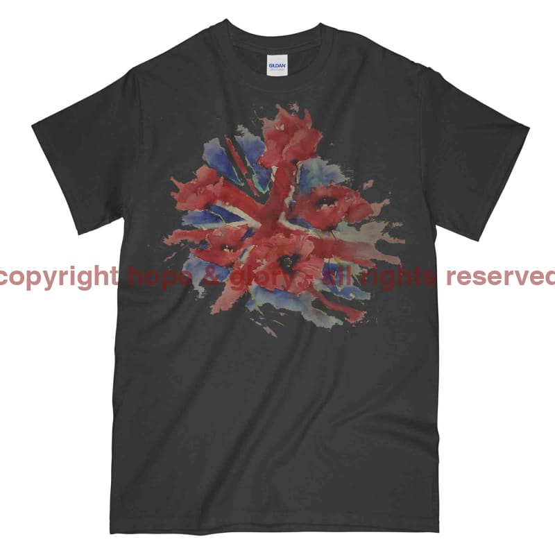 Poppies On Union Flag Watercolour Printed T-Shirt - Charcoal