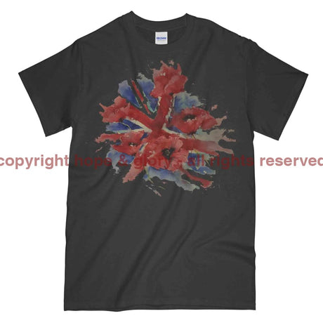Poppies On Union Flag Watercolour Printed T-Shirt - Charcoal