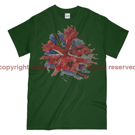 Poppies On Union Flag Watercolour Printed T-Shirt - Commando Green