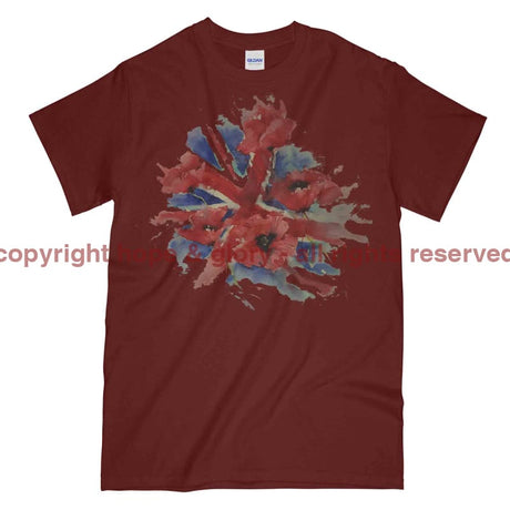 Poppies On Union Flag Watercolour Printed T-Shirt - Maroon