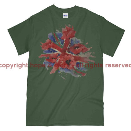 Poppies On Union Flag Watercolour Printed T-Shirt - Military Green/Olive