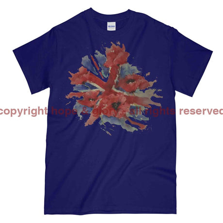 Poppies On Union Flag Watercolour Printed T-Shirt - Navy Blue