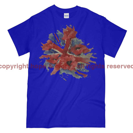 Poppies On Union Flag Watercolour Printed T-Shirt - Royal Blue