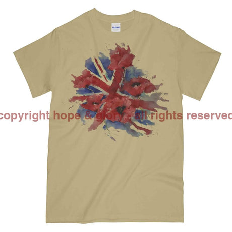Poppies On Union Flag Watercolour Printed T-Shirt - Sand