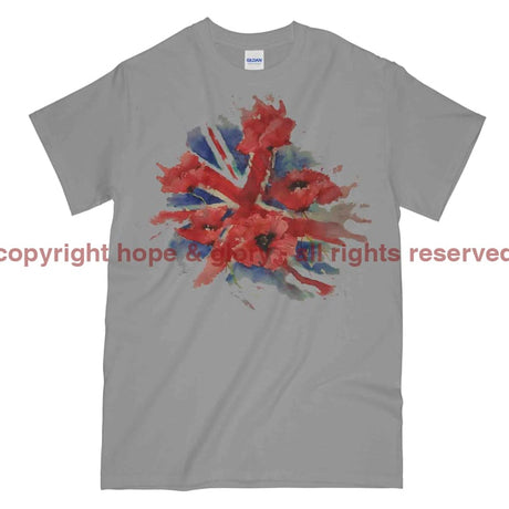 Poppies On Union Flag Watercolour Printed T-Shirt - Sports Grey