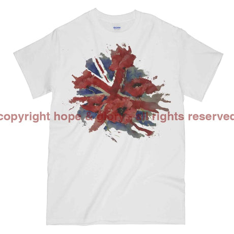 Poppies On Union Flag Watercolour Printed T-Shirt - White