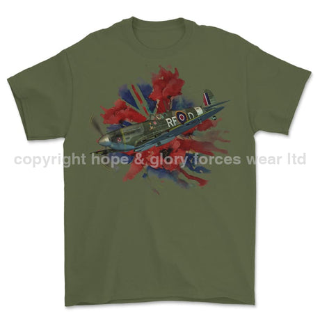 Poppy And Spitfire Lest We Forget Printed T-Shirt - Military Green/Olive