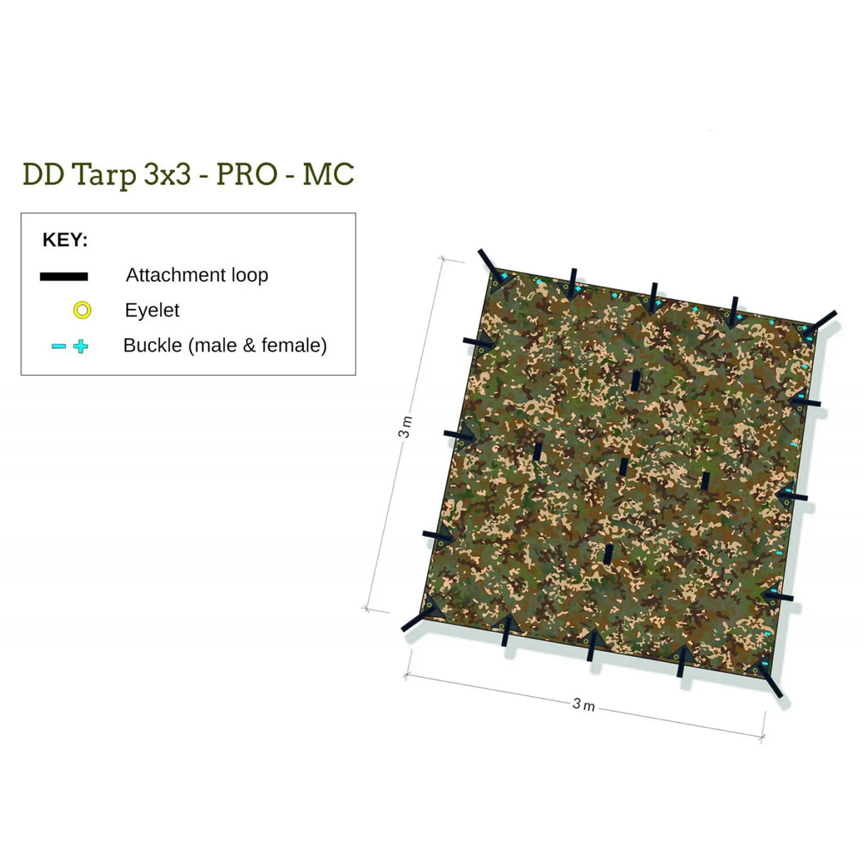 DD 3x3 Pro Tarp in MC camo dimensions