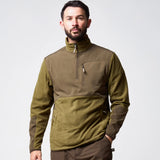 Jack Pyke Rannock Fleece Pullover in dark mustard worn by a model, front view showing the smooth contrast panels, 1/4 zip and zipped chest pocket