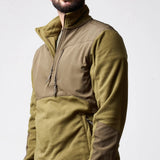 Jack Pyke Rannock Fleece Pullover in dark mustard, close-up with the 1/4 zip undone and the fleece-lined collar folded open